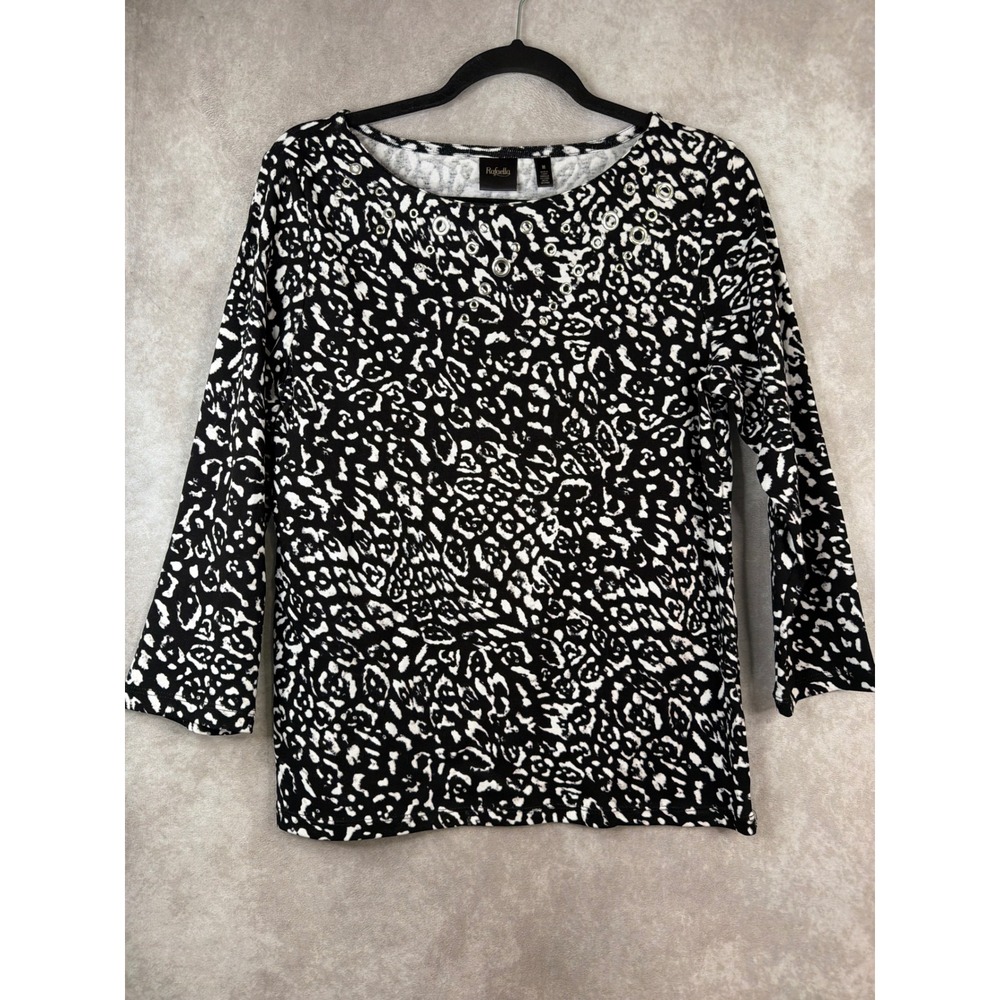 Rafaella Knit Top Womens Medium Black White Animal Print Grommet 3/4 Sleeve‎